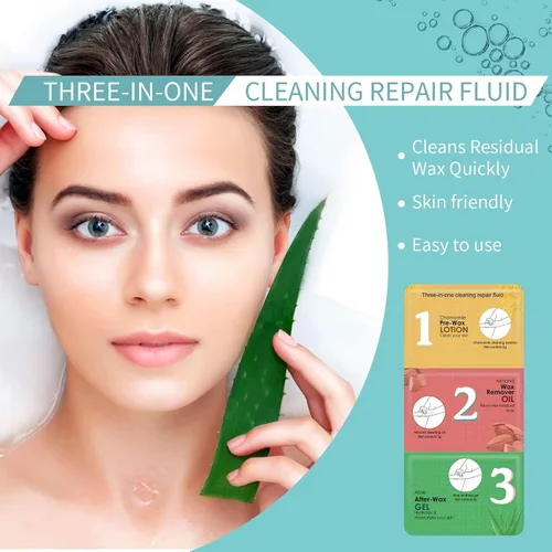 Vista 2 de Esenciales para antes y después de la depilación - Limpiador de manzanilla, removedor de aceite de almendras, gel refrescante de aloe vera, 3