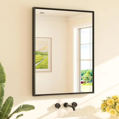 Vista 70 de TETOTE Espejo de baño dorado cepillado de 20" x 30", espejo de tocador de baño rectangular de latón dorado cepillado con marco biselado para sobre