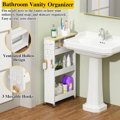 Vista 5 de OKZEST Carrito de almacenamiento delgado de 4 niveles, organizador de baño y carrito de almacenamiento, estante de organización de cocina