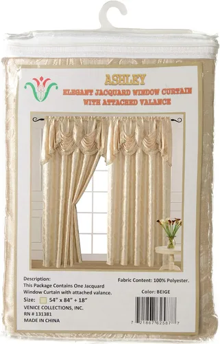 Vista 3 de V Panel de cortina jacquard de lujo con cenefa de cascada adjunta, 54 x 84 pulgadas, color beige Ashley