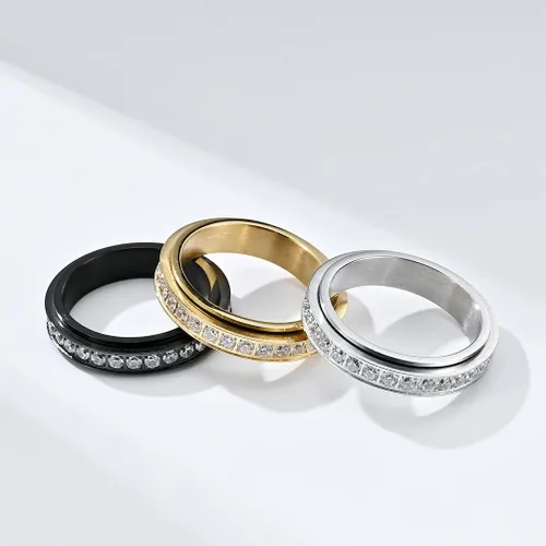 Vista 3 de Nylry Anillos giratorios de acero inoxidable de titanio con piedras de circonita cúbica anillos de ansiedad para mujeres y hombres anillo de promesa