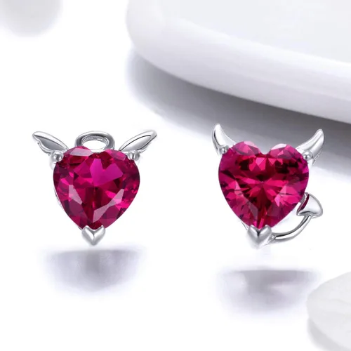 Vista 4 de Aretes de plata de ley 925 con forma de corazón de ángel y diablo para mujeres y niñas