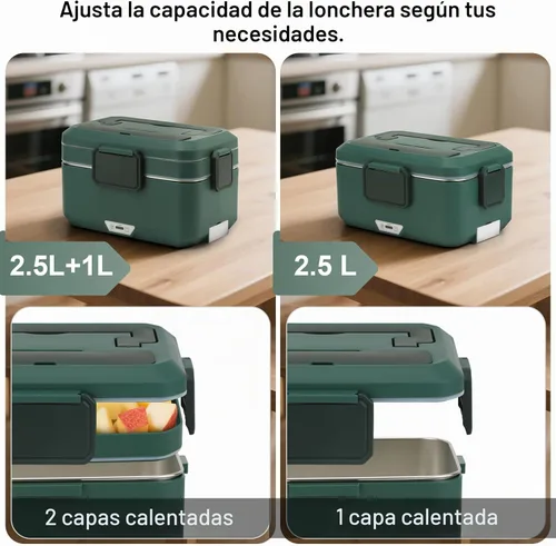 Vista 4 de Fiambrera eléctrica para adultos, 100 W, 3.5 L, calentador de alimentos portátil de 2 capas para hombres, modo dual de 2.5 L + 1 litro, lonchera