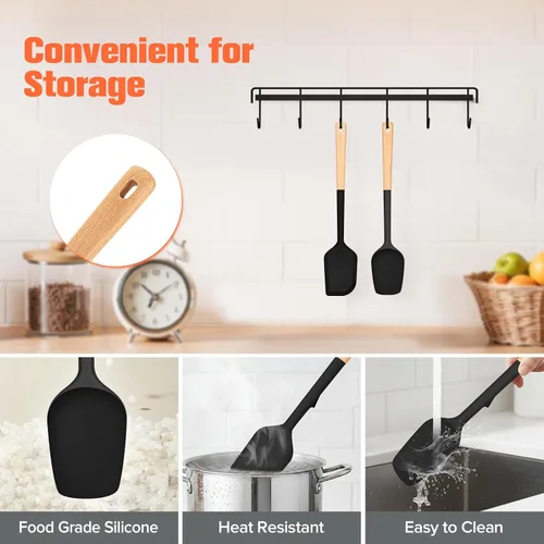 Vista 6 de Large Silicone Rubber Spatula Scrapers 14" with Long Wood Handle, 2 Pack Black