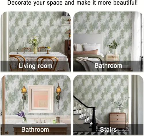 Vista 6 de JiffDiff Papel tapiz autoadhesivo con textura de helechos botánicos de 17.73 x 118.1 pulgadas, papel de pared temporal autoadhesivo para baño