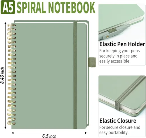 Vista 2 de YOXMJDB Cuaderno rayado en espiral, pequeño cuaderno de rayas universitarias A5 con soporte para bolígrafo, cuaderno de tapa dura de 140 páginas
