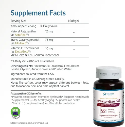 Vista 3 de Suplemento de astaxantina de 12 mg – AstaREAL™ Procedente de microalgas con geranilgeraniol GG-Gold® y Tocotrienoles DeltaGold®, sin OMG, sin