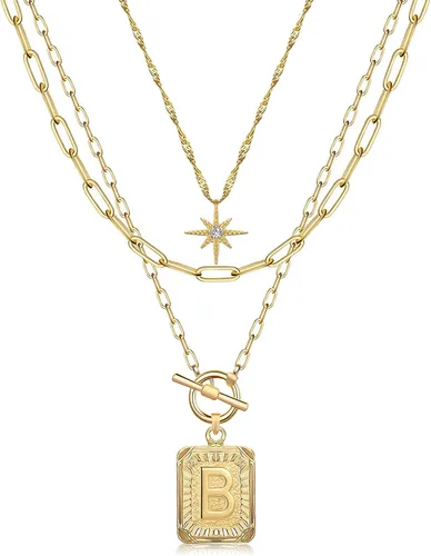 Vista 10 de MJartoria Collares con iniciales en capas para mujer, modernos, chapados en oro de 14 quilates, cadena de papel, collar sencillo con dije de Dorado