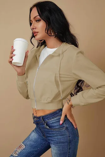 Vista 3 de Chaqueta corta con capucha y cremallera para mujer, manga larga, cordón Y2K, con bolsillos