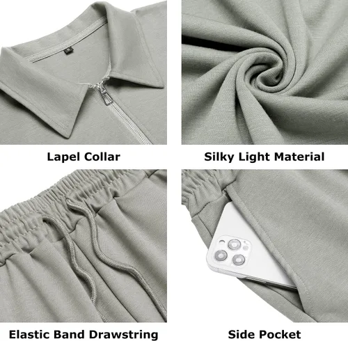 Vista 5 de URRU Conjunto de camisa polo y pantalones cortos de manga corta para hombre, conjunto de dos piezas de verano con cremallera, conjunto deportivo