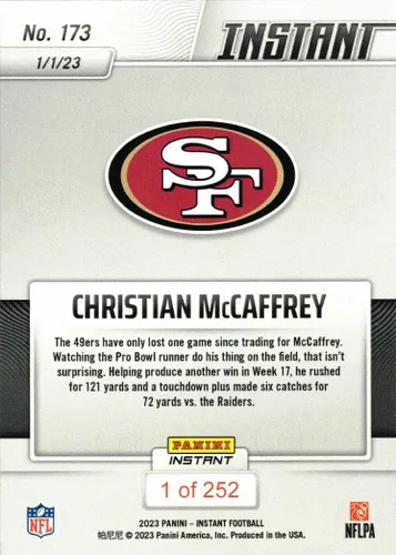 Vista 2 de 2022 Panini Instant #173 Christian McCaffrey Football Card 49ers - Only 252 made
