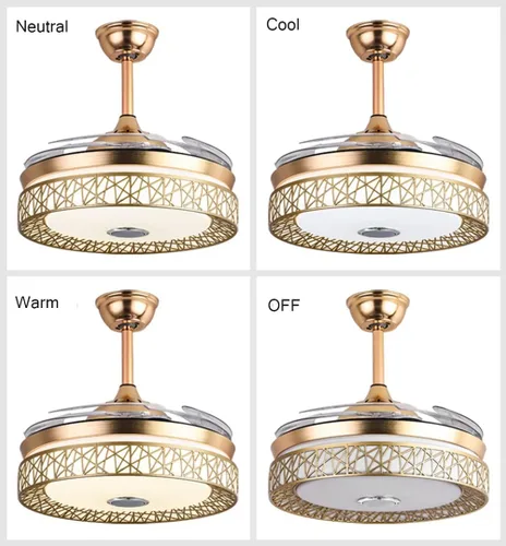 Vista 3 de Candelabro Bluetooth de 42 pulgadas con luces y control remoto, ventilador de techo moderno con cuchillas retráctiles, color dorado