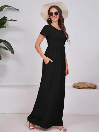 Vista 5 de DEARCASE - Vestido Maxi para Mujer de Manga Corta, Casual de Verano, Holgado, Liso, Cómodo, Vestidos Largos con Bolsillos 1-negro