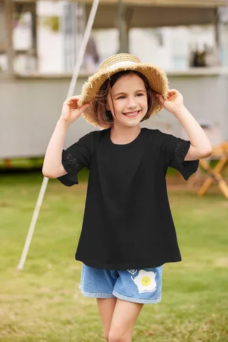 Vista 2 de Arshiner Camiseta para niñas, túnica casual de encaje, manga corta, holgada, suave