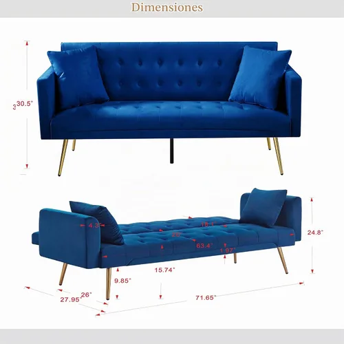 Vista 2 de Anwick Sofá Cama Futón de Terciopelo Moderno de 72", Sofá Cama Plegable Convertible con 3 Respaldos Ajustables, Sofá de Dos Plazas Reclinable Azul