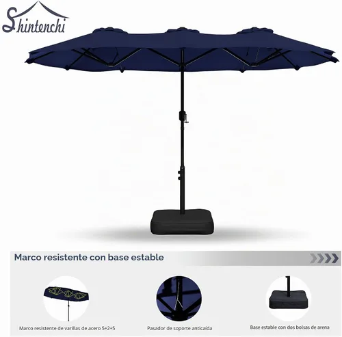Vista 7 de Shintenchi Sombrilla grande de patio de 13 pies con base, sombrilla rectangular doble cara para exteriores con asa de manivela para césped junto a