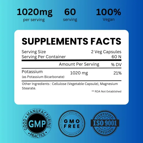 Vista 5 de Suplemento de potasio 1020 mg de bicarbonato de potasio de alta absorción, 120 cápsulas que apoya el equilibrio de electrolitos, la salud renal