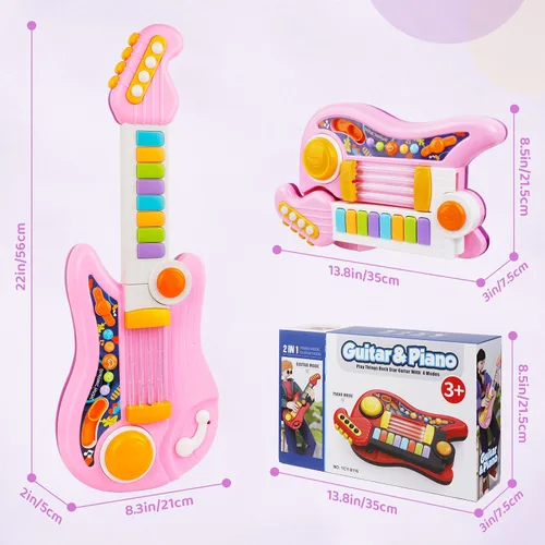 Vista 7 de Guitarra para niños 2 en 1 Instrumentos musicales para niños Piano para niños pequeños Juguete de guitarra eléctrica con correa Juguetes musicales