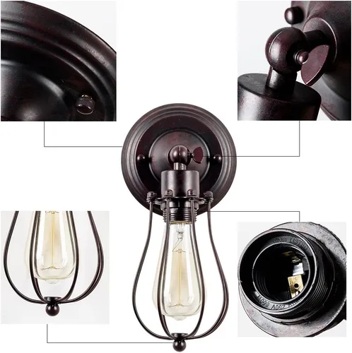 Vista 6 de LULING Aplique de pared industrial con iluminación vintage, lámpara ajustable de alambre rústico, jaula de metal, pantalla de luz de pared