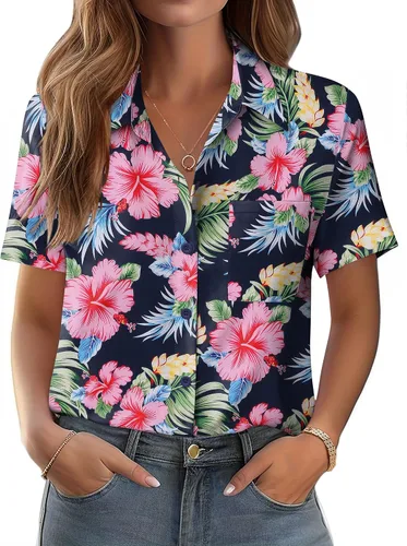 Vista 25 de Zeagoo Blusa de manga corta con botones para mujer, con bolsillo en el busto, para negocios, casual, para el trabajo, trajes de verano