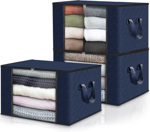 Vista 64 de Fab totes Paquete de 3 bolsas de almacenamiento plegables de tela gruesa, contenedores para organizar dormitorio, armario, ropa, edredón, Beige