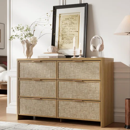 Vista 6 de Cómoda de ratán con 6 cajones para dormitorio, cómoda de 47.2 Roble natural