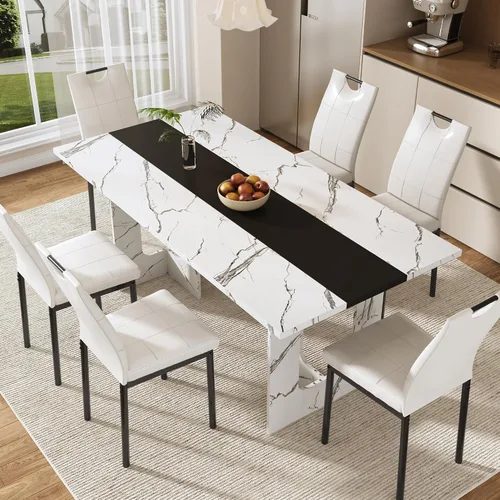 Vista 10 de St.Mandyu Juego de mesa de comedor y sillas de 7 piezas para 4-8 personas, mesa de cocina de 71 pulgadas con 6 sillas, mesa de comedor rectangular