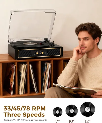 Vista 3 de Tocadiscos retro Bluetooth con altavoces integrados, tocadiscos de 3 velocidades por correa, control de graves y agudos, reproductor de vinilo Negro