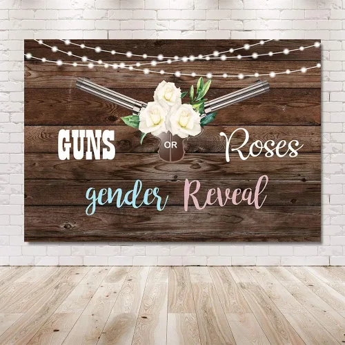 Vista 6 de MEHOFOND Pistolas o rosas para revelación de género para fiesta de fondo de fotos, luces de madera rústica con purpurina, unisex, decoración de baby