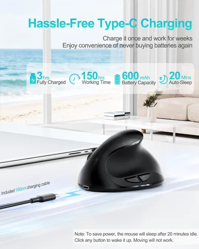 Vista 6 de Lekvey Ratón ergonómico, mouse inalámbrico vertical para manos pequeñas/medianas, recargable con receptor USB, 3 DPI para mayor comodidad, alivia