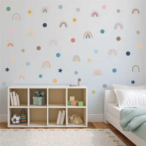 Vista 3 de Calcomanías de pared de arco iris para habitación de niños, 76 piezas extraíbles de despegar y pegar, calcomanías de pared boho de estrellas