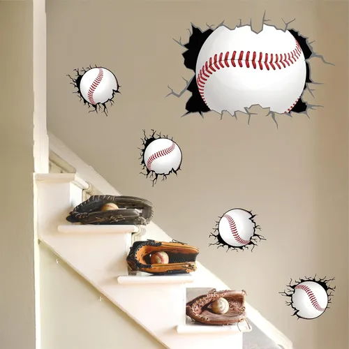 Vista 3 de Calcomanías de pared de béisbol 3D para decoración de dormitorio de Papel tapiz de béisbol, extraíble para despegar y pegar, decoración