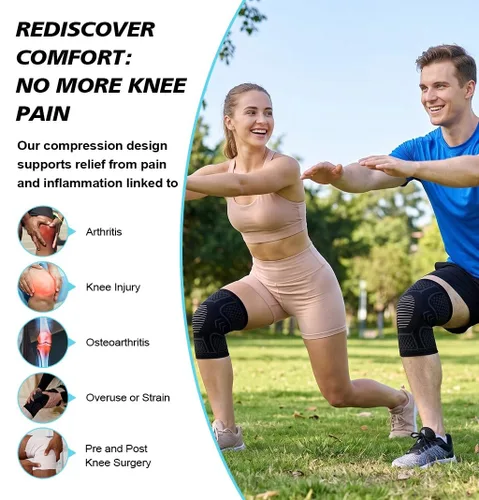 Vista 2 de Rodillera de compresión para hombres y mujeres, paquete de 2, alivia el dolor de rodilla causado por correr, proporciona soporte de rodilla
