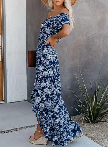 Vista 4 de Happy Sailed - Vestido largo casual con hombros descubiertos para mujer, manga corta, dobladillo irregular con volantes, para dama de honor, fiesta
