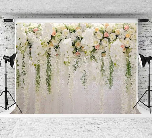 Vista 3 de YQ - Telón de fondo floral de rosa blanca de 7 x 5 pies para fotografía de despedida de soltera, boda, flores, decoración de pared, fondo de fotos