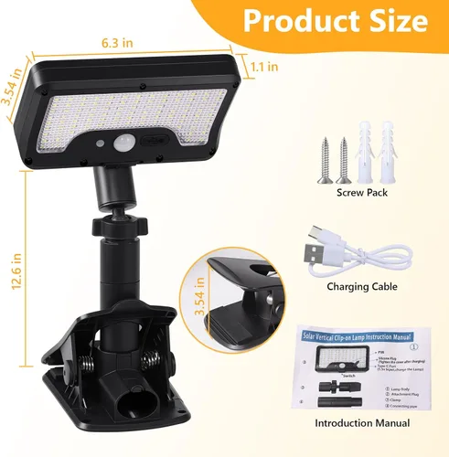Vista 8 de Luces solares con clip para exteriores con sensor de movimiento, luces de valla solares ajustables verticalmente y giratorias en 360° con 92 LEDs