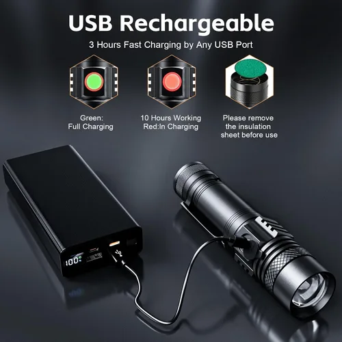Vista 3 de ATDOALL Linterna LED recargable, linternas magnéticas USB con luz lateral de mazorca, pequeñas linternas tácticas, impermeable, zoomable, luz