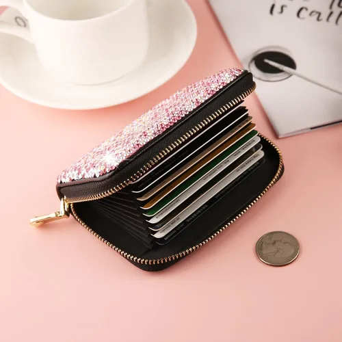 Vista 4 de AsAlways Funda con cremallera multicapa con diamantes de imitación RFID, cartera pequeña delgada para mujer, Rosado, Moderno
