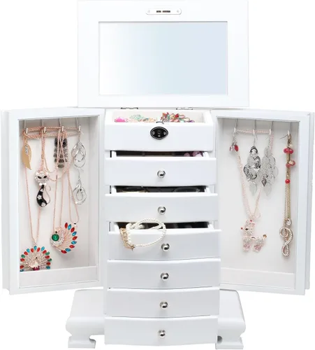 Vista 2 de Rowling Joyero grande de madera aretes collar pulseras organizador de 6 cajones M10 blanco