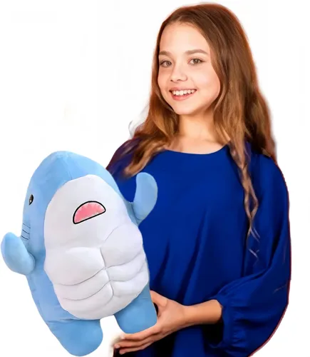 Vista 3 de Animal de peluche de tiburón muscular, lindo juguete de peluche 3D de tiburón muscular, regalos para niños, 13.8 pulgadas (azul)
