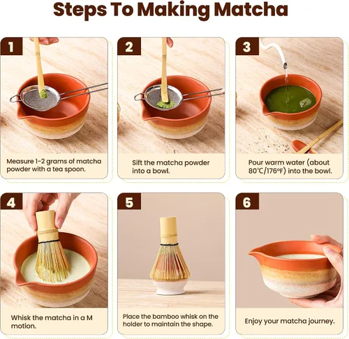 Vista 6 de Juego de batidor Matcha con cuenco de cerámica de 18 onzas, kit de matcha de 7 piezas con batidor de bambú de 100 puntas, tamiz de acero inoxidable