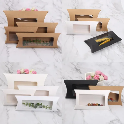 Vista 4 de Wzttdm 40 mini almohadas de papel kraft con ventana transparente, caja de embalaje de regalo para panadería, caramelos, chocolate, joyas, Negro