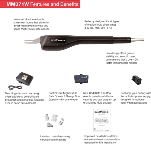 Vista 2 de Mighty Mule MM371W - Abridor de puerta automático, inteligente y listo para energía solar, incluye control remoto del abridor de puerta y más