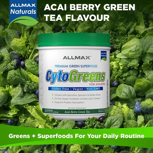 Vista 8 de ALLMAX CytoGreens Super Greens en polvo, té verde de bayas de acai, 60 porciones
