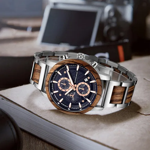 Vista 3 de Relojes de madera para hombre, cronógrafo de cuarzo multifuncional y reloj de pantalla de fecha para hombre, reloj de pulsera de madera hecho a