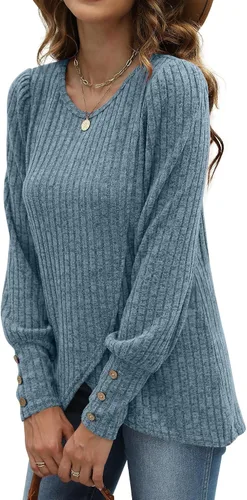 Vista 3 de WEESO Suéter tipo túnica ligera con mangas de farol hinchadas para mujer, estilo casual, dobladillo de tulipán