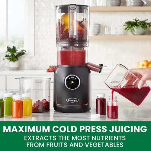 Vista 2 de Omega Ultimate Performance - Exprimidor de lotes de masticación lenta con tecnología intellidial, extractor de jugo de verduras y frutas con tolva