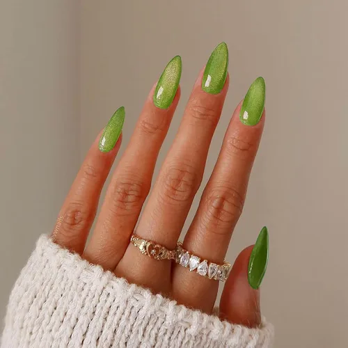 Vista 33 de Uñas postizas rojas de tamaño mediano en forma de almendra, uñas acrílicas brillantes con diseño de purpurina, uñas artificiales de cobertura a001