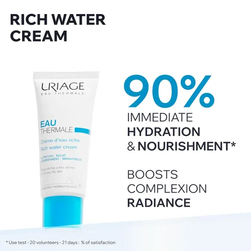 Vista 2 de Uriage Crema de agua rica, crema facial hidratante con ácido hialurónico, hidratación intensa 24 horas, aumenta la luminosidad, no comedogénica