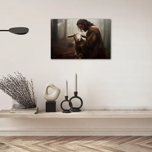 Vista 2 de Arte de pared en lienzo de Jesús y Cordero, Arte de pared en lienzo de Jesús abrazando a un cordero fangoso, Arte de pared cristiano para decoración